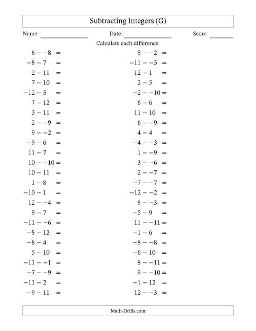 The Subtracting Mixed Integers from -12 to 12 (50 Questions; No Parentheses) (G) Math Worksheet