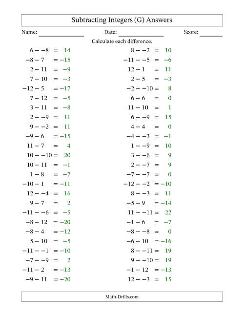 The Subtracting Mixed Integers from -12 to 12 (50 Questions; No Parentheses) (G) Math Worksheet Page 2