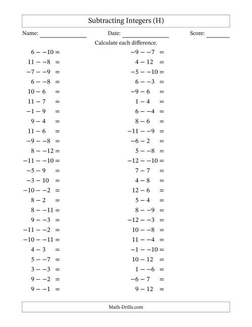 The Subtracting Mixed Integers from -12 to 12 (50 Questions; No Parentheses) (H) Math Worksheet