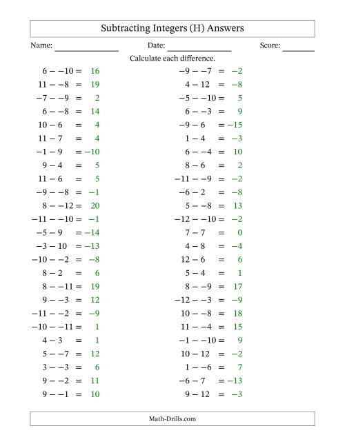The Subtracting Mixed Integers from -12 to 12 (50 Questions; No Parentheses) (H) Math Worksheet Page 2