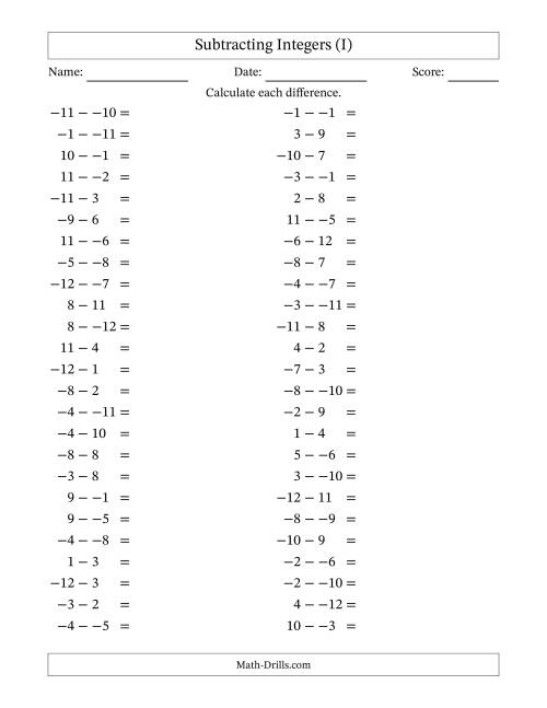 The Subtracting Mixed Integers from -12 to 12 (50 Questions; No Parentheses) (I) Math Worksheet