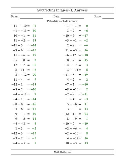 The Subtracting Mixed Integers from -12 to 12 (50 Questions; No Parentheses) (I) Math Worksheet Page 2