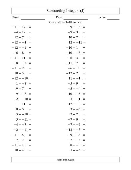 The Subtracting Mixed Integers from -12 to 12 (50 Questions; No Parentheses) (J) Math Worksheet