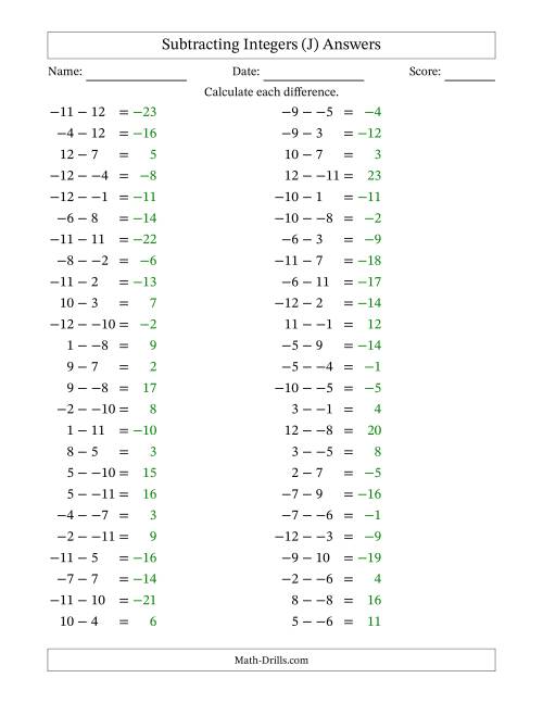 The Subtracting Mixed Integers from -12 to 12 (50 Questions; No Parentheses) (J) Math Worksheet Page 2
