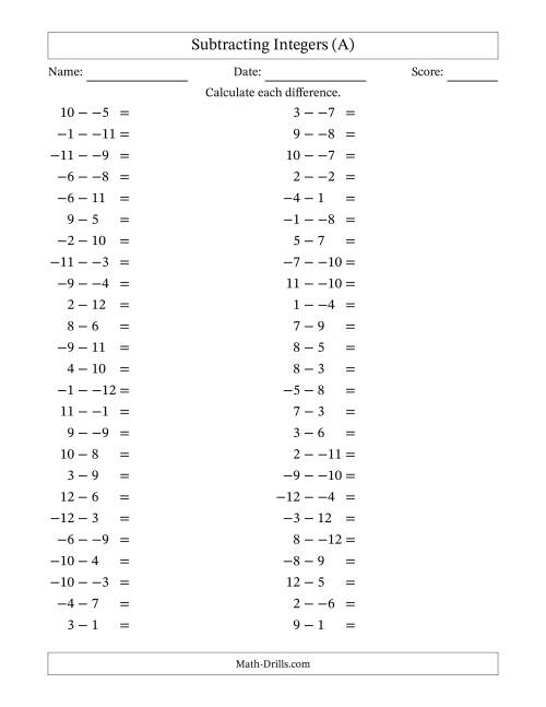 The Subtracting Mixed Integers from -12 to 12 (50 Questions; No Parentheses) (All) Math Worksheet