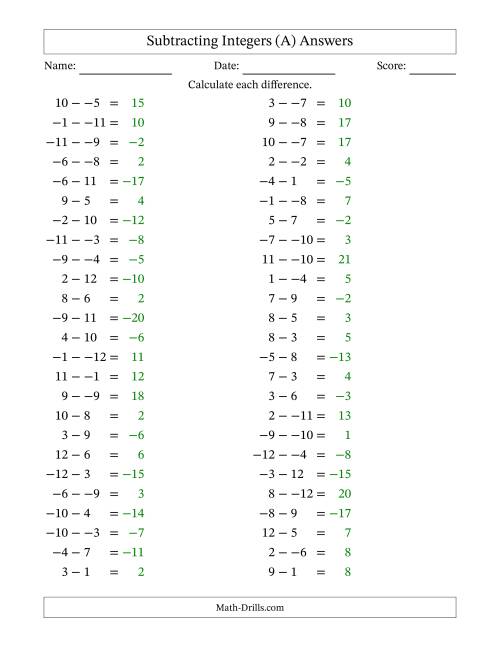 The Subtracting Mixed Integers from -12 to 12 (50 Questions; No Parentheses) (All) Math Worksheet Page 2