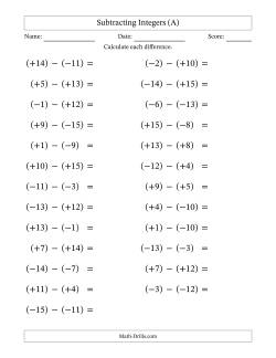 Subtracting Mixed Integers from -15 to 15 (25 Questions; Large Print; All Parentheses)