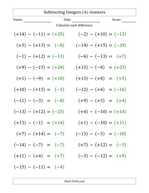 The Subtracting Mixed Integers from -15 to 15 (25 Questions; Large Print; All Parentheses) (A) Math Worksheet Page 2