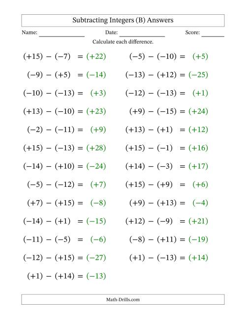 The Subtracting Mixed Integers from -15 to 15 (25 Questions; Large Print; All Parentheses) (B) Math Worksheet Page 2