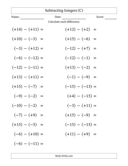 The Subtracting Mixed Integers from -15 to 15 (25 Questions; Large Print; All Parentheses) (C) Math Worksheet