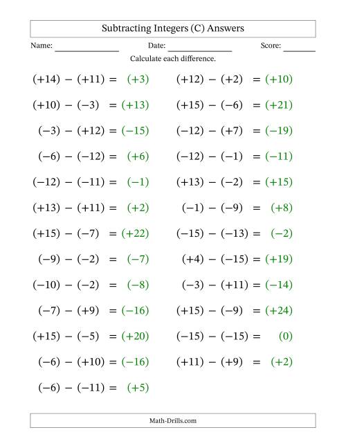 The Subtracting Mixed Integers from -15 to 15 (25 Questions; Large Print; All Parentheses) (C) Math Worksheet Page 2