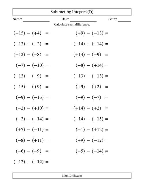 The Subtracting Mixed Integers from -15 to 15 (25 Questions; Large Print; All Parentheses) (D) Math Worksheet