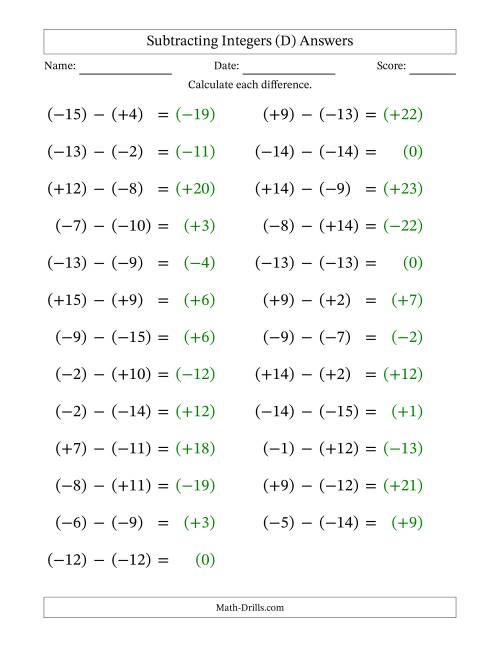 The Subtracting Mixed Integers from -15 to 15 (25 Questions; Large Print; All Parentheses) (D) Math Worksheet Page 2