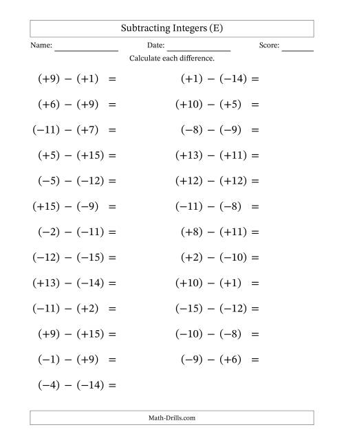 The Subtracting Mixed Integers from -15 to 15 (25 Questions; Large Print; All Parentheses) (E) Math Worksheet