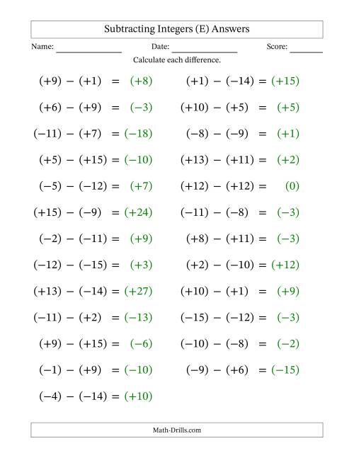 The Subtracting Mixed Integers from -15 to 15 (25 Questions; Large Print; All Parentheses) (E) Math Worksheet Page 2