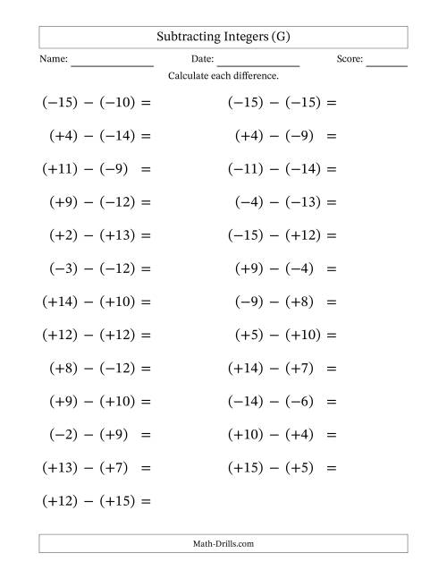 The Subtracting Mixed Integers from -15 to 15 (25 Questions; Large Print; All Parentheses) (G) Math Worksheet