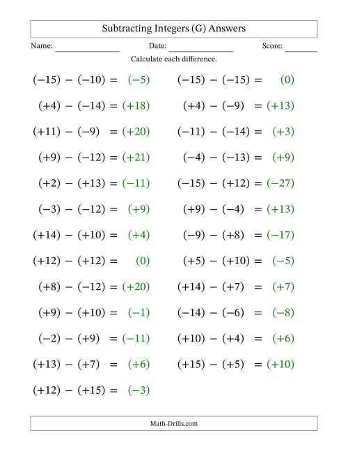 The Subtracting Mixed Integers from -15 to 15 (25 Questions; Large Print; All Parentheses) (G) Math Worksheet Page 2