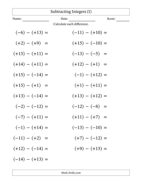 The Subtracting Mixed Integers from -15 to 15 (25 Questions; Large Print; All Parentheses) (I) Math Worksheet