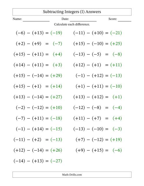 The Subtracting Mixed Integers from -15 to 15 (25 Questions; Large Print; All Parentheses) (I) Math Worksheet Page 2