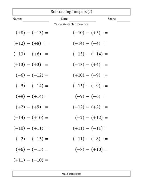 The Subtracting Mixed Integers from -15 to 15 (25 Questions; Large Print; All Parentheses) (J) Math Worksheet