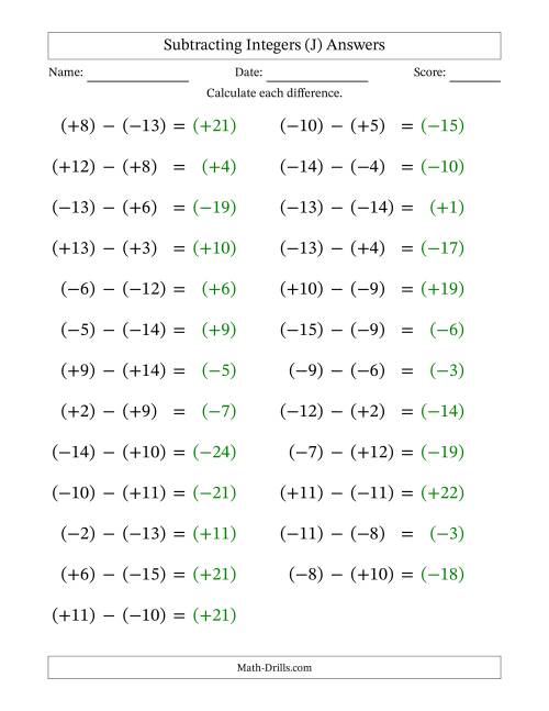The Subtracting Mixed Integers from -15 to 15 (25 Questions; Large Print; All Parentheses) (J) Math Worksheet Page 2