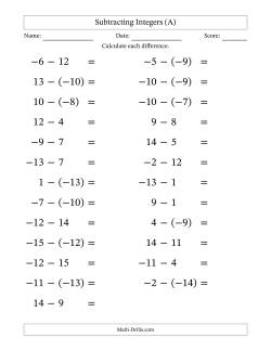 Subtracting Mixed Integers from -15 to 15 (25 Questions; Large Print)