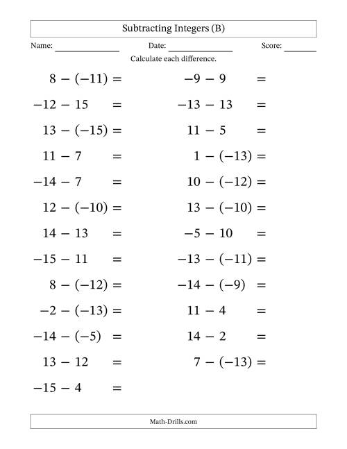 The Subtracting Mixed Integers from -15 to 15 (25 Questions; Large Print) (B) Math Worksheet