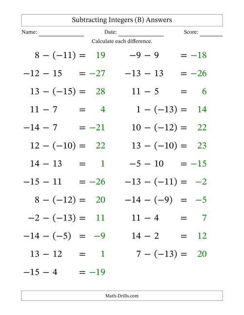 The Subtracting Mixed Integers from -15 to 15 (25 Questions; Large Print) (B) Math Worksheet Page 2