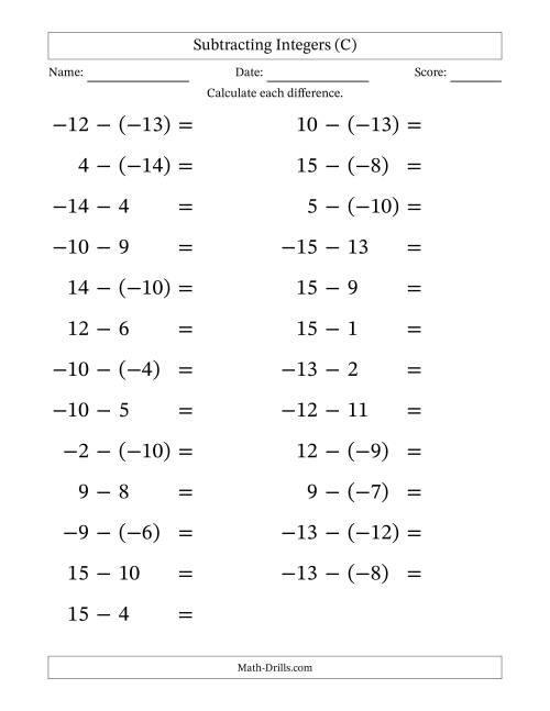 The Subtracting Mixed Integers from -15 to 15 (25 Questions; Large Print) (C) Math Worksheet