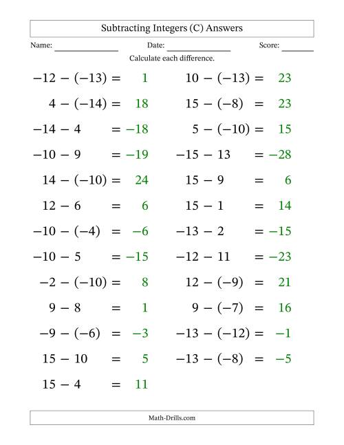 The Subtracting Mixed Integers from -15 to 15 (25 Questions; Large Print) (C) Math Worksheet Page 2