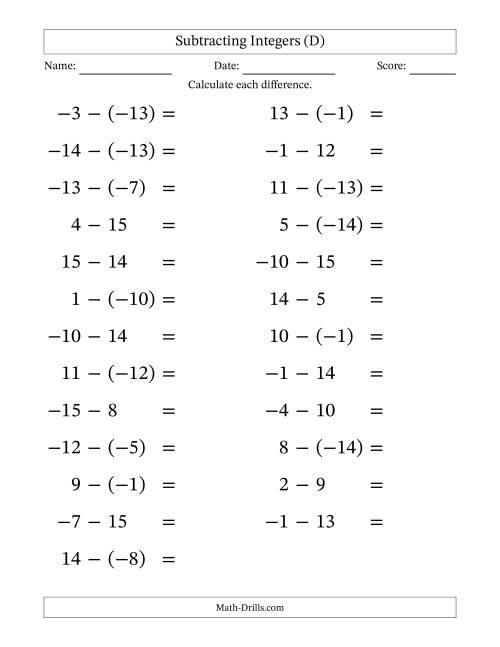 The Subtracting Mixed Integers from -15 to 15 (25 Questions; Large Print) (D) Math Worksheet