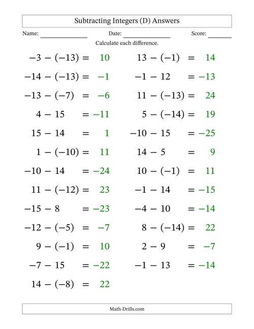 The Subtracting Mixed Integers from -15 to 15 (25 Questions; Large Print) (D) Math Worksheet Page 2
