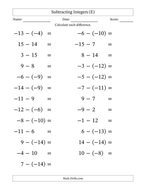 The Subtracting Mixed Integers from -15 to 15 (25 Questions; Large Print) (E) Math Worksheet