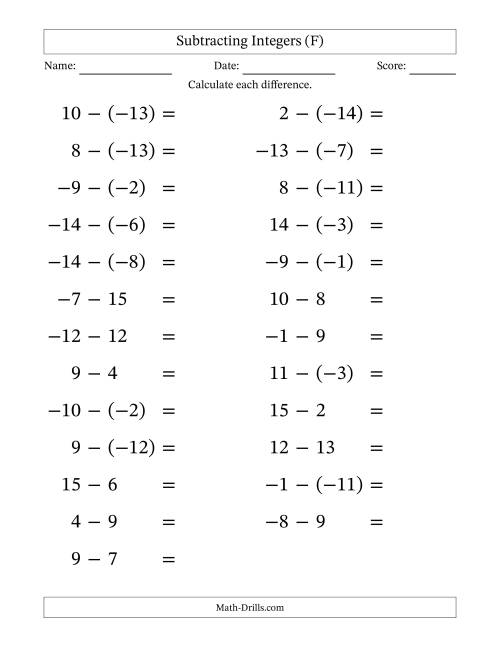 The Subtracting Mixed Integers from -15 to 15 (25 Questions; Large Print) (F) Math Worksheet