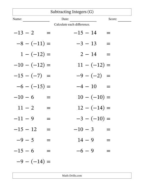 The Subtracting Mixed Integers from -15 to 15 (25 Questions; Large Print) (G) Math Worksheet