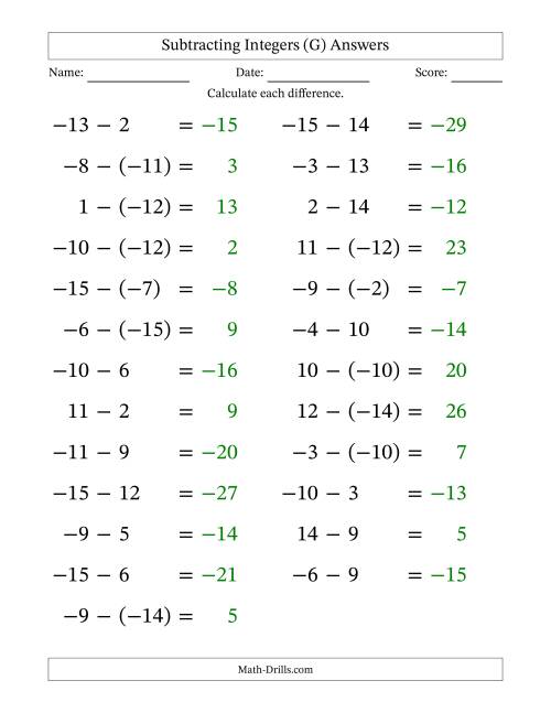 The Subtracting Mixed Integers from -15 to 15 (25 Questions; Large Print) (G) Math Worksheet Page 2