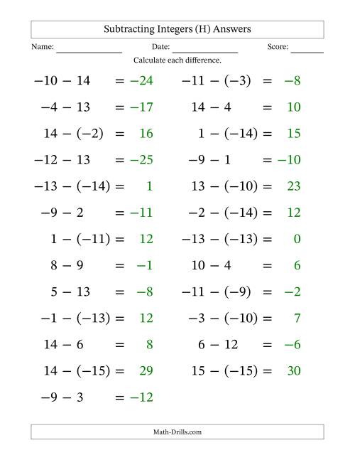 The Subtracting Mixed Integers from -15 to 15 (25 Questions; Large Print) (H) Math Worksheet Page 2