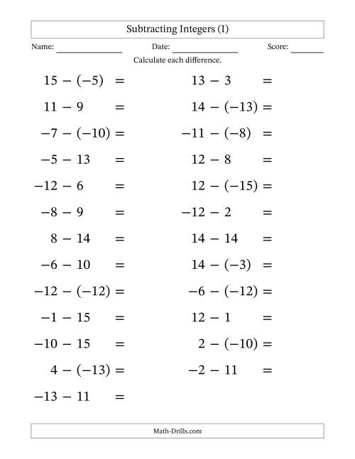 The Subtracting Mixed Integers from -15 to 15 (25 Questions; Large Print) (I) Math Worksheet