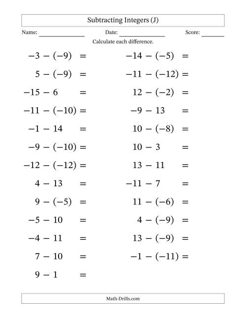 The Subtracting Mixed Integers from -15 to 15 (25 Questions; Large Print) (J) Math Worksheet