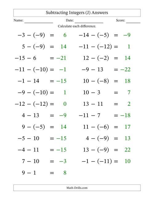 The Subtracting Mixed Integers from -15 to 15 (25 Questions; Large Print) (J) Math Worksheet Page 2