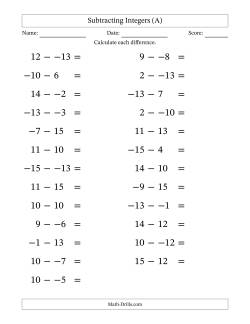 Subtracting Mixed Integers from -15 to 15 (25 Questions; Large Print; No Parentheses)