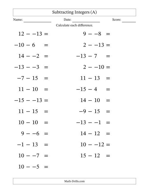 The Subtracting Mixed Integers from -15 to 15 (25 Questions; Large Print; No Parentheses) (A) Math Worksheet