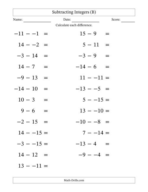 The Subtracting Mixed Integers from -15 to 15 (25 Questions; Large Print; No Parentheses) (B) Math Worksheet