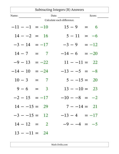 The Subtracting Mixed Integers from -15 to 15 (25 Questions; Large Print; No Parentheses) (B) Math Worksheet Page 2