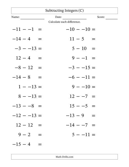 The Subtracting Mixed Integers from -15 to 15 (25 Questions; Large Print; No Parentheses) (C) Math Worksheet