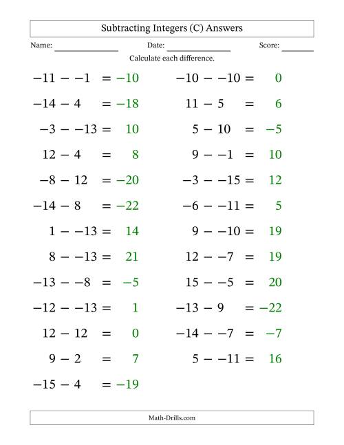 The Subtracting Mixed Integers from -15 to 15 (25 Questions; Large Print; No Parentheses) (C) Math Worksheet Page 2