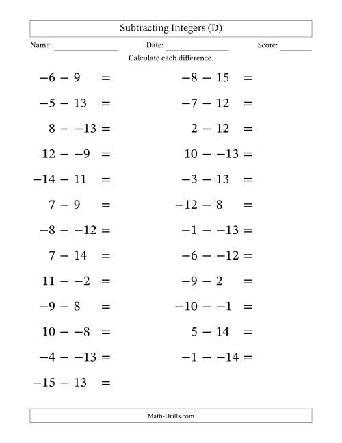 The Subtracting Mixed Integers from -15 to 15 (25 Questions; Large Print; No Parentheses) (D) Math Worksheet