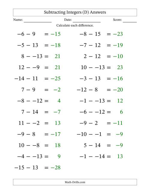 The Subtracting Mixed Integers from -15 to 15 (25 Questions; Large Print; No Parentheses) (D) Math Worksheet Page 2