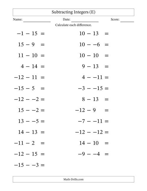 The Subtracting Mixed Integers from -15 to 15 (25 Questions; Large Print; No Parentheses) (E) Math Worksheet