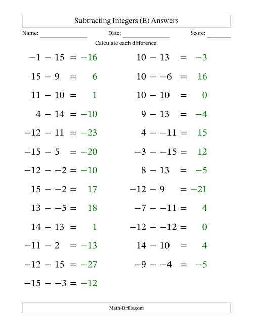 The Subtracting Mixed Integers from -15 to 15 (25 Questions; Large Print; No Parentheses) (E) Math Worksheet Page 2